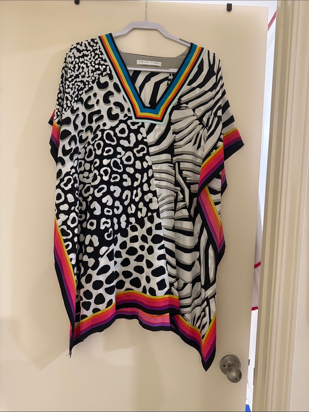 Trina Turk Black & White Animal Print Tunic with Multicolor Stripe Trim